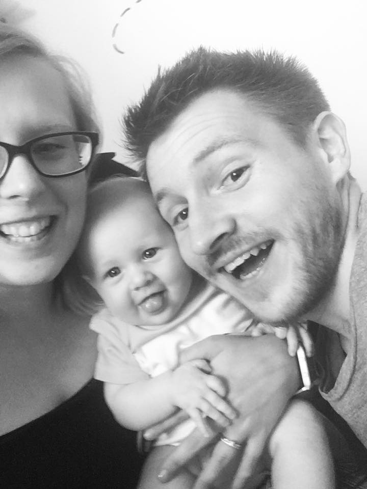 Selfie of us and the baby in black and white