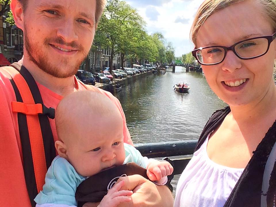 Us in Amsterdam whilst taking our Four Month Old Baby on Holiday
