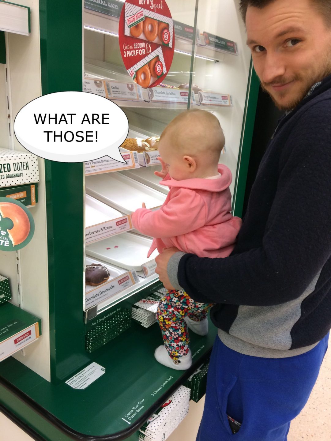 Baby meme for Isabelle trying to get some donuts