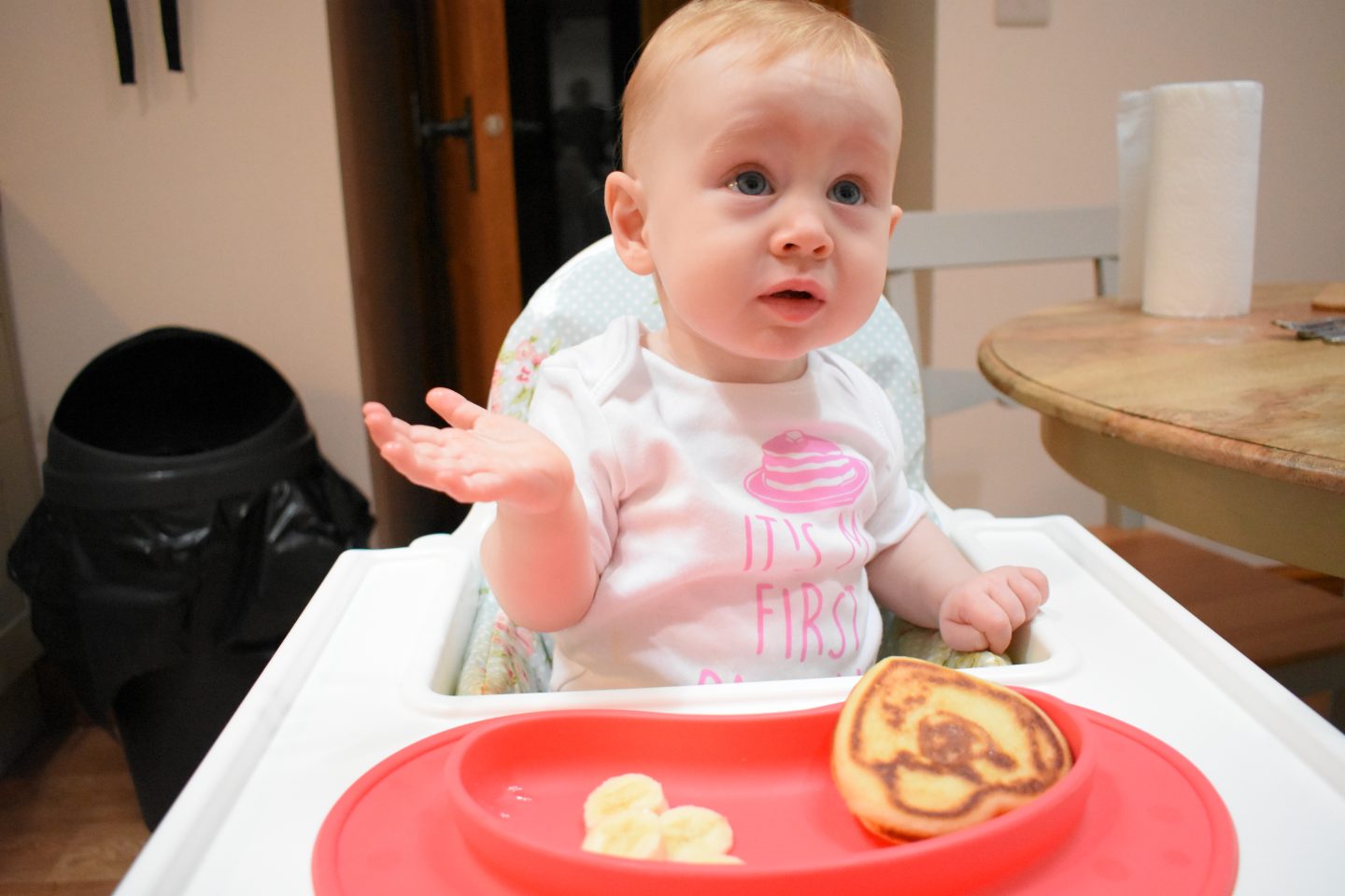 Our baby enjoying her first ever pancake on pancake day