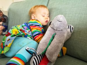 Our toddler asleep with the Whisbear. All part of my review on whether or not it works to help get a baby to sleep