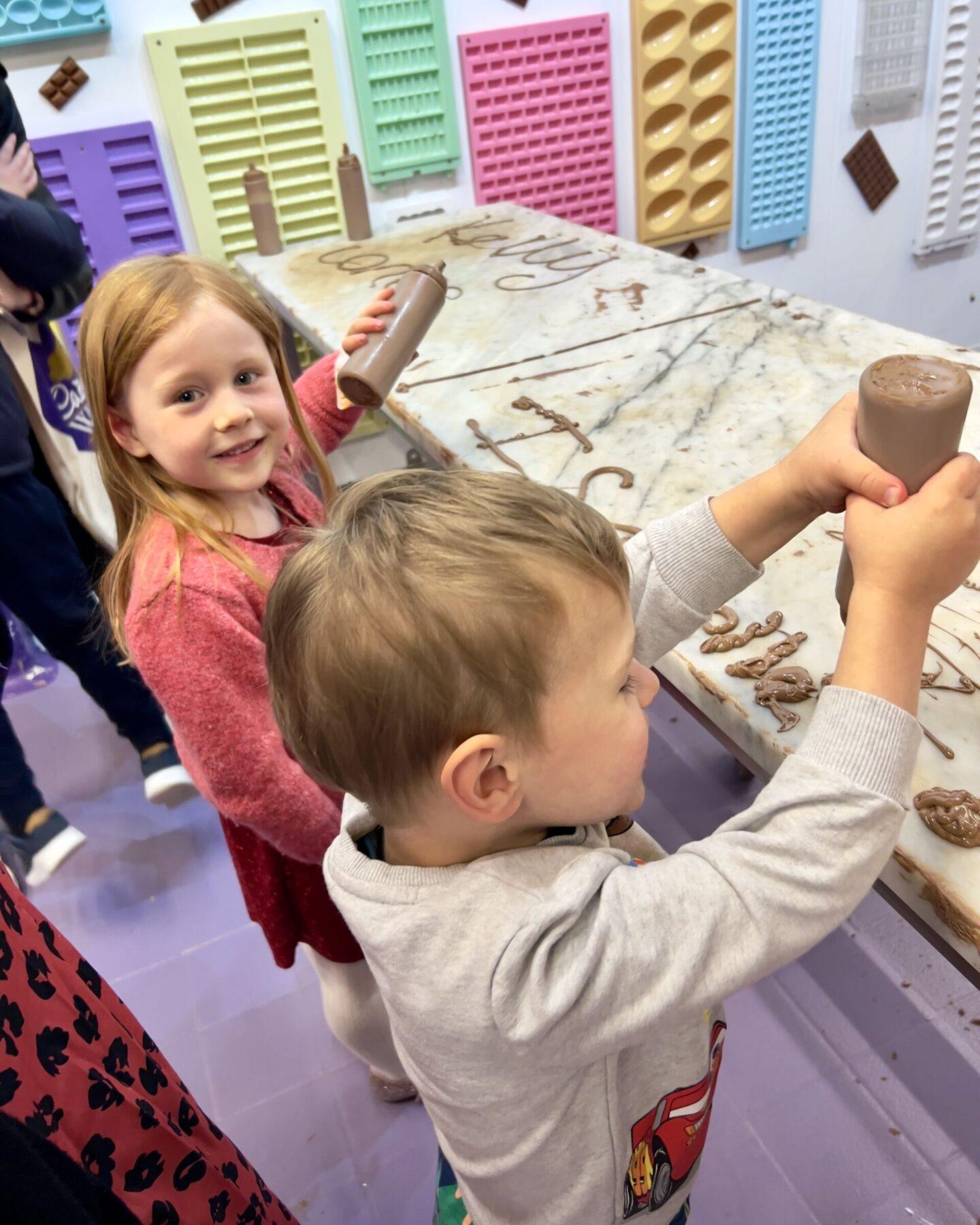 Having a go with chocolate at Cadbury World