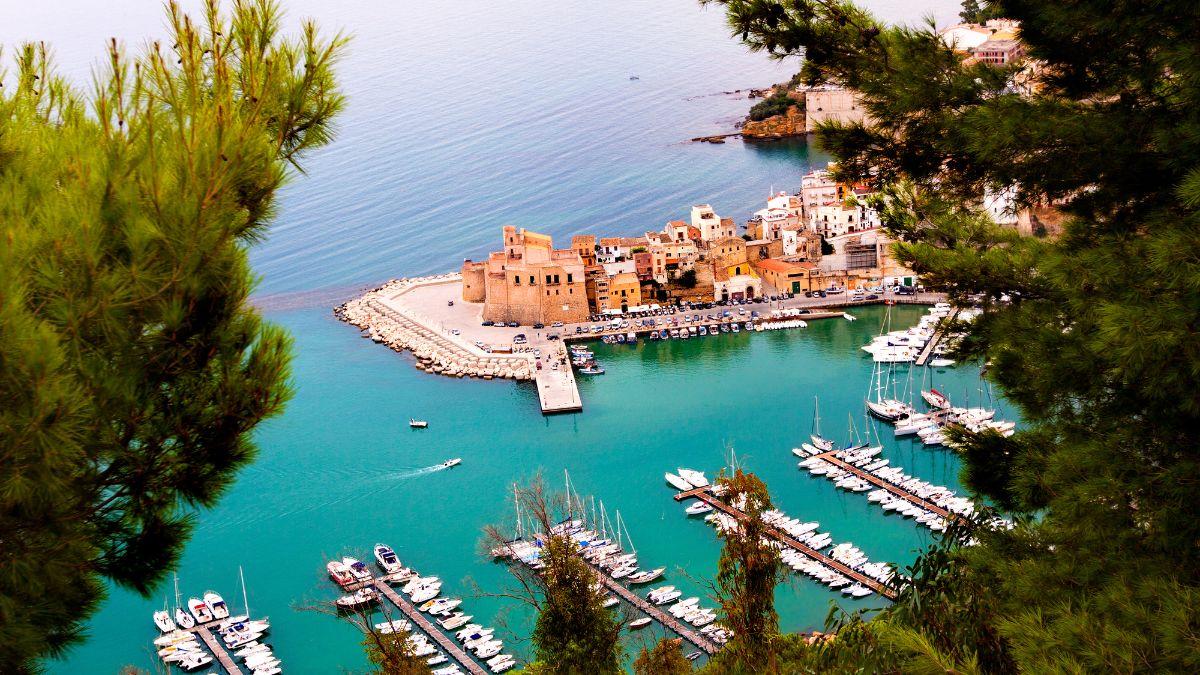 aerial view of sicilian port cefalu in the mediterranean